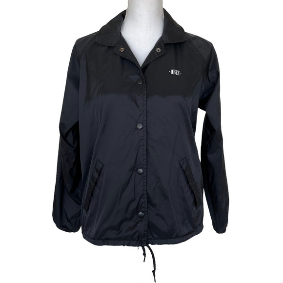 OBEY Unisex Size Small Black Windbreaker Jacket Snap Front Collar Streetwear - Picture 2 of 7